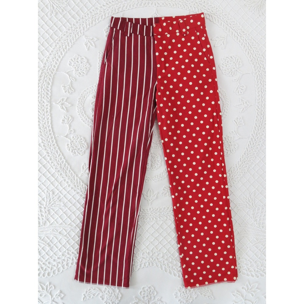 OMIGHTY Red White Polka Dot Stripe Split Pattern Pants Womens Small